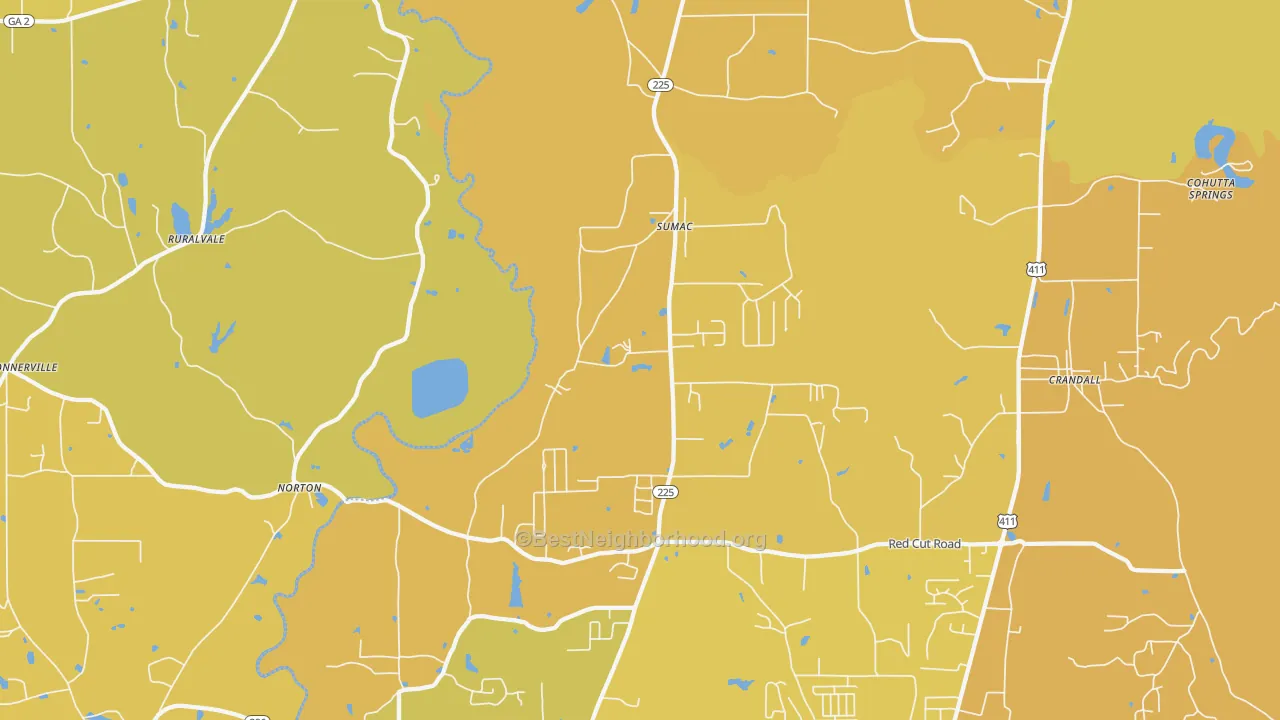 Map of the best neighborhoods in the Sumac area, with better matches in green and worse matches in red