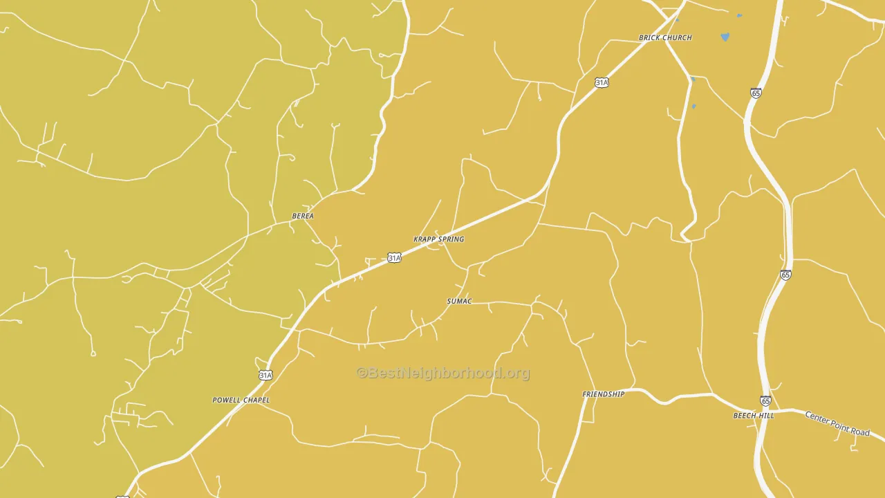 Map of the best neighborhoods in the Sumac area, with better matches in green and worse matches in red