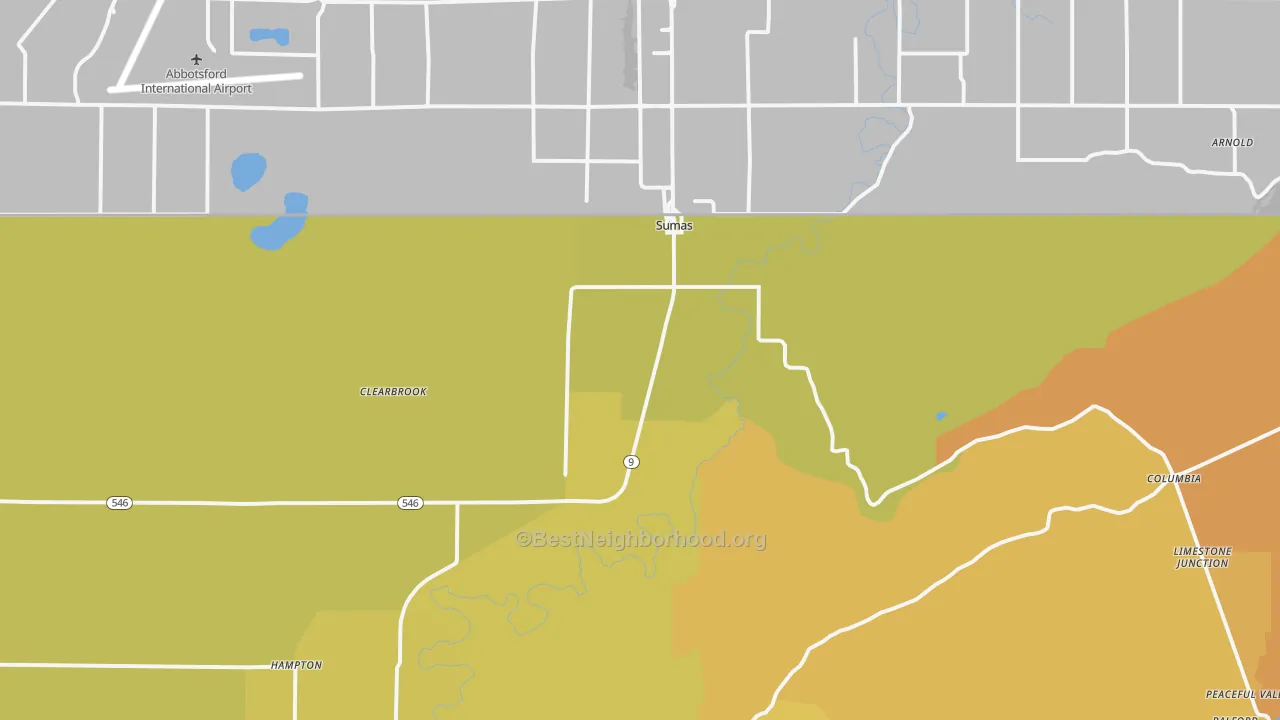 Map of the best neighborhoods in the Sumas area, with better matches in green and worse matches in red