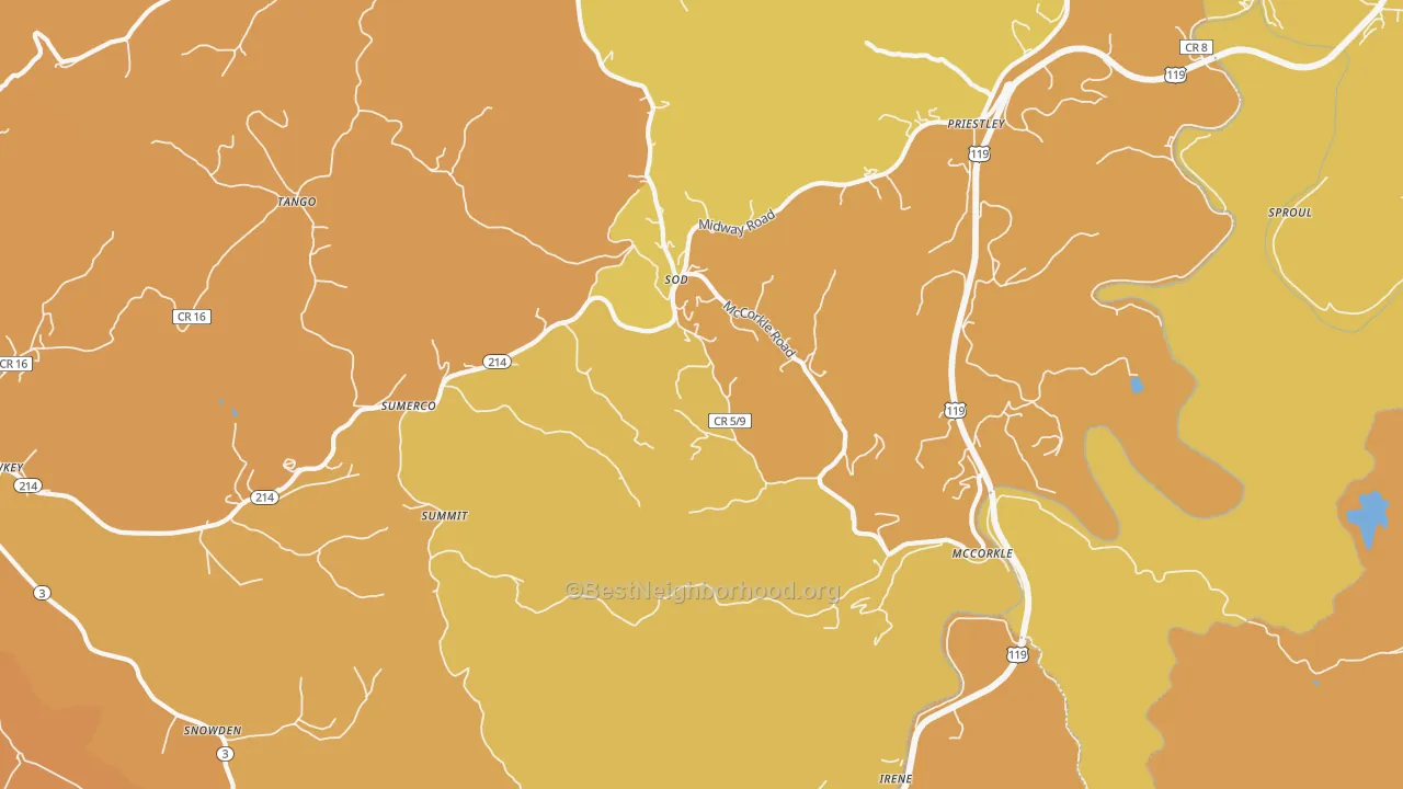 Map of the best neighborhoods in the Sumerco area, with better matches in green and worse matches in red