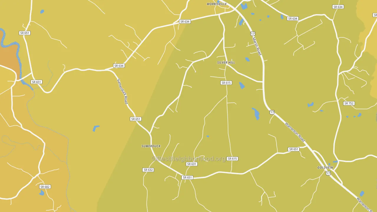 Map of the best neighborhoods in the Sumerduck area, with better matches in green and worse matches in red