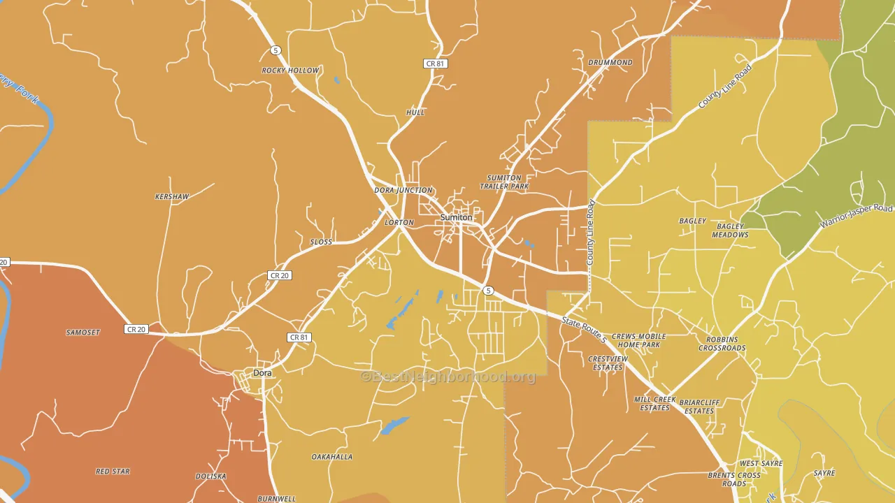 Map of the best neighborhoods in the Sumiton area, with better matches in green and worse matches in red