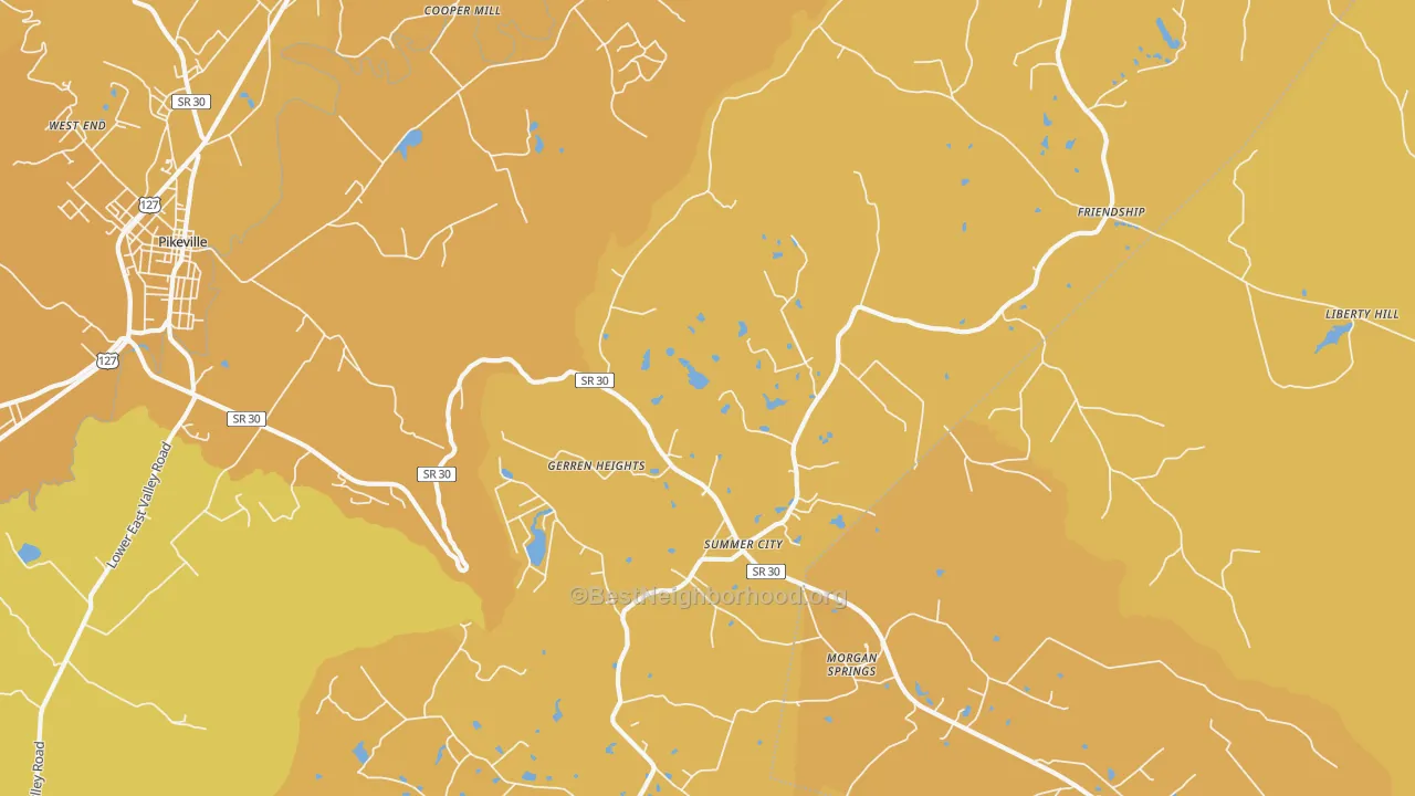 Map of the best neighborhoods in the Summer City area, with better matches in green and worse matches in red