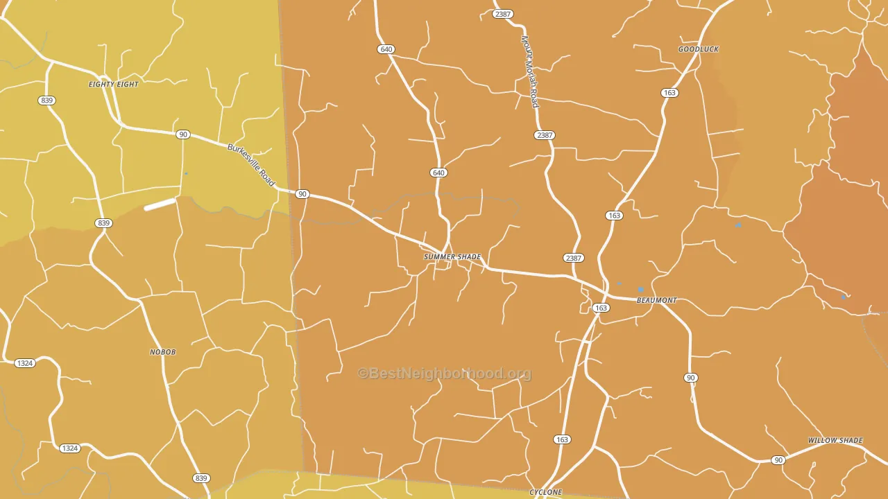 Map of the best neighborhoods in the Summer Shade area, with better matches in green and worse matches in red