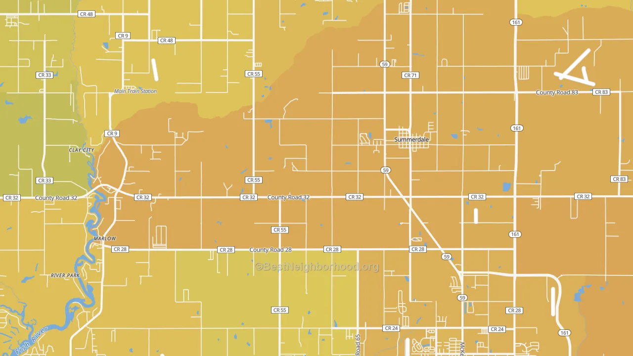 Map of the best neighborhoods in the Summerdale area, with better matches in green and worse matches in red
