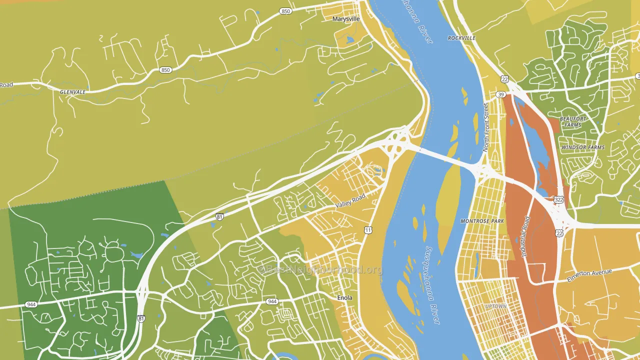 Map of the best neighborhoods in the Summerdale area, with better matches in green and worse matches in red