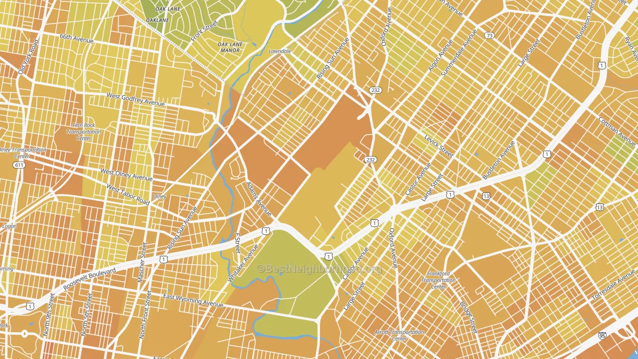 Map of the best neighborhoods in the Summerdale, Philadelphia area, with better matches in green and worse matches in red