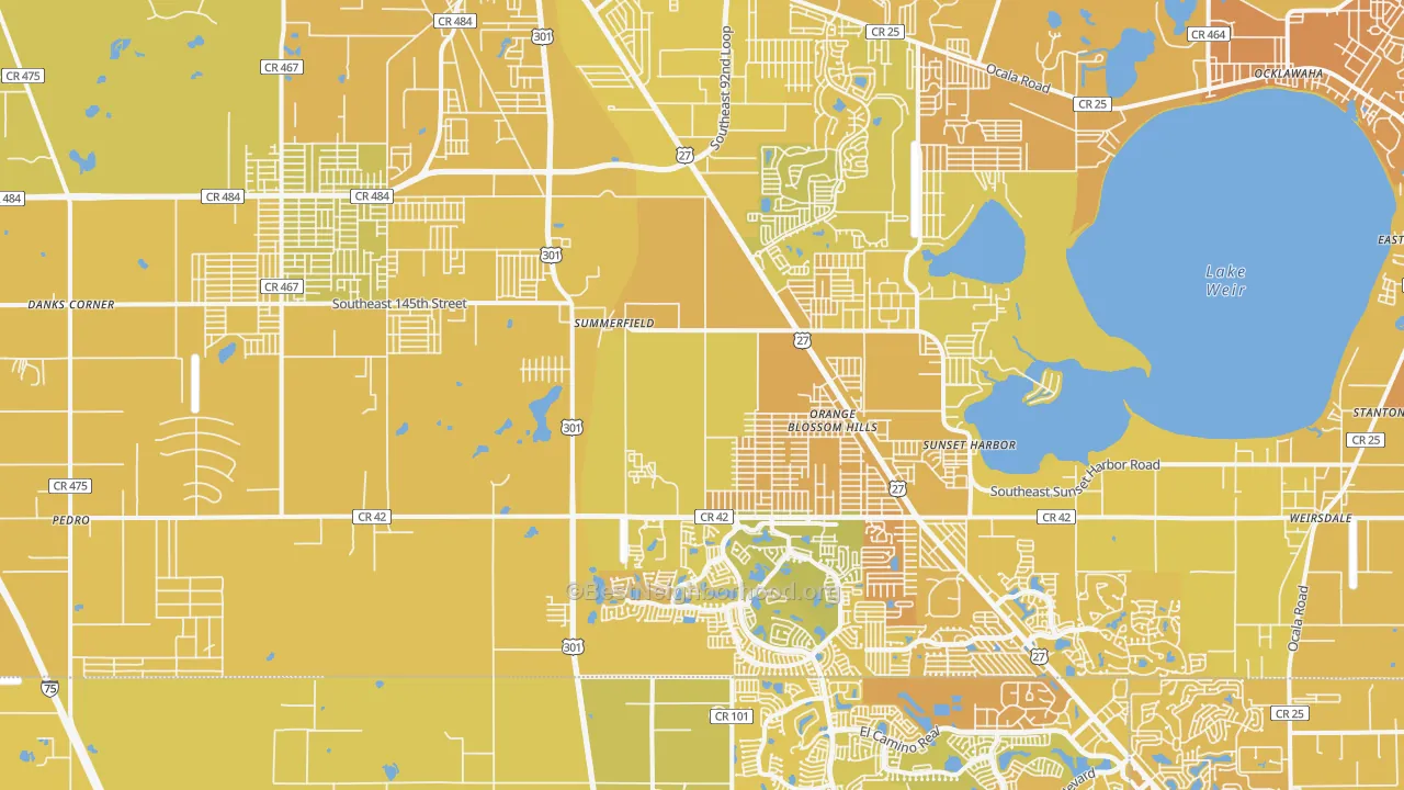 Map of the best neighborhoods in the Summerfield area, with better matches in green and worse matches in red