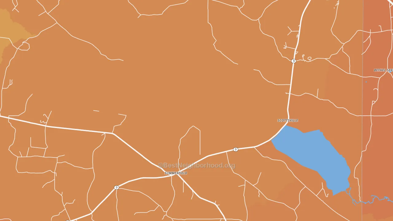 Map of the best neighborhoods in the Summerfield area, with better matches in green and worse matches in red