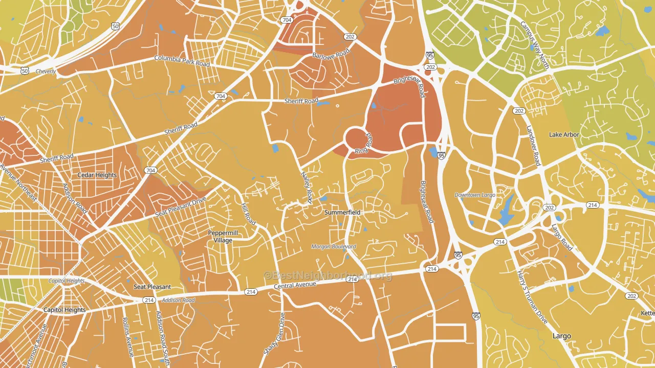 Map of the best neighborhoods in the Summerfield area, with better matches in green and worse matches in red