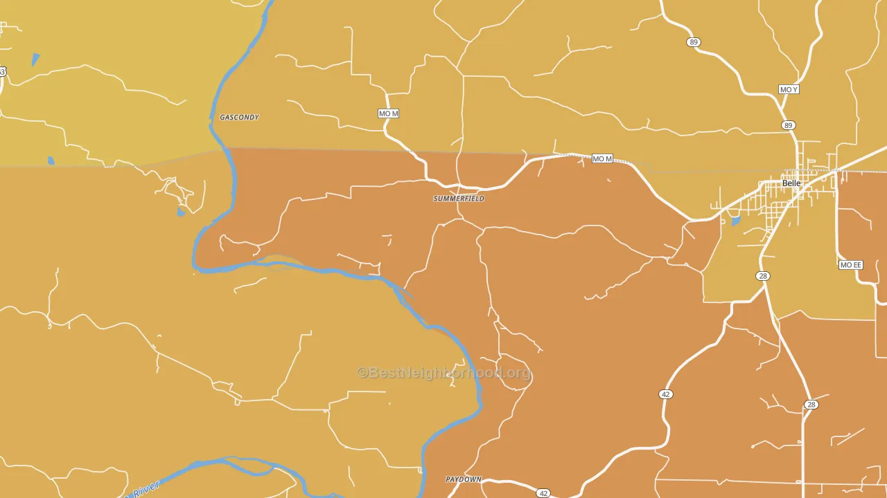Map of the best neighborhoods in the Summerfield area, with better matches in green and worse matches in red