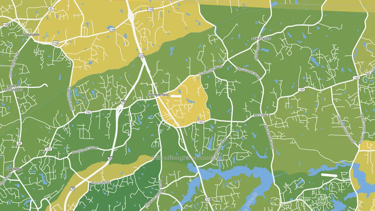 Map of the best neighborhoods in the Summerfield area, with better matches in green and worse matches in red