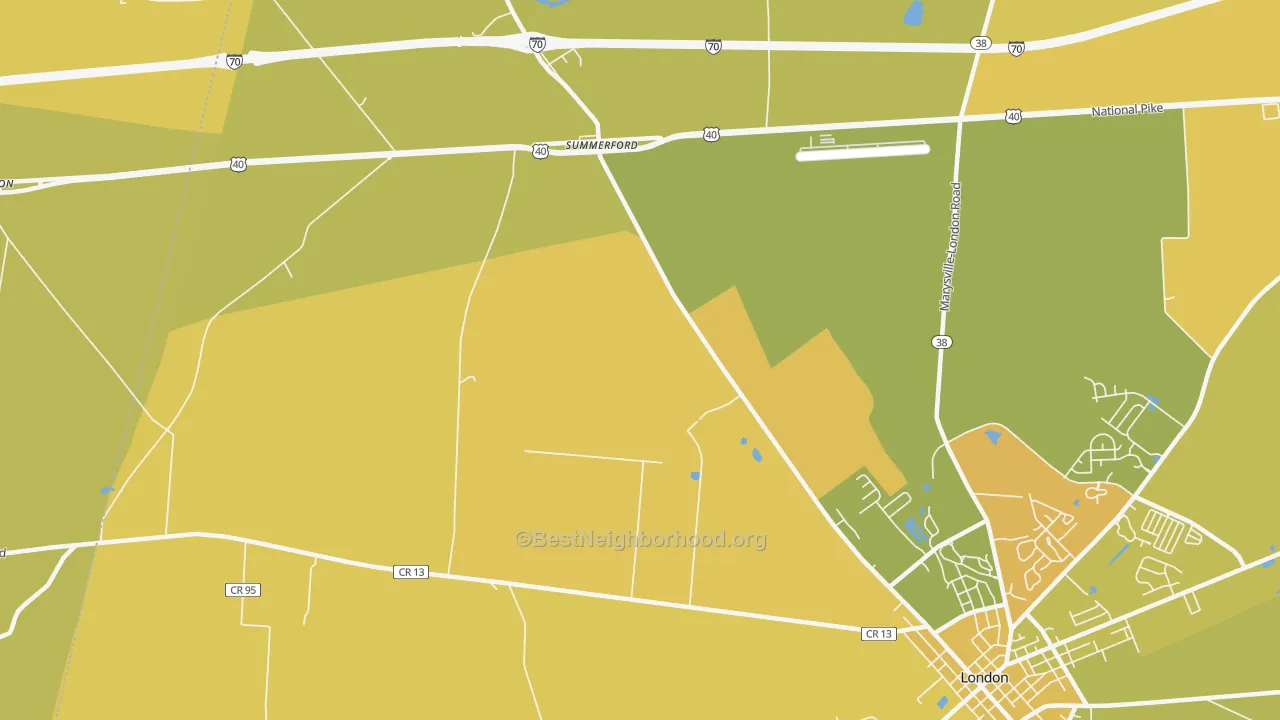 Map of the best neighborhoods in the Summerford area, with better matches in green and worse matches in red