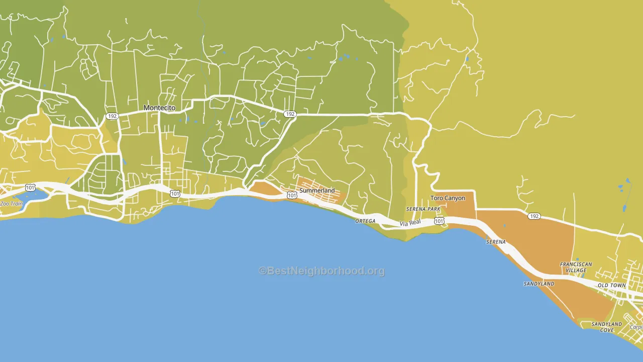 Map of the best neighborhoods in the Summerland area, with better matches in green and worse matches in red