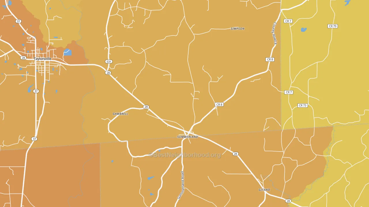Map of the best neighborhoods in the Summerland area, with better matches in green and worse matches in red
