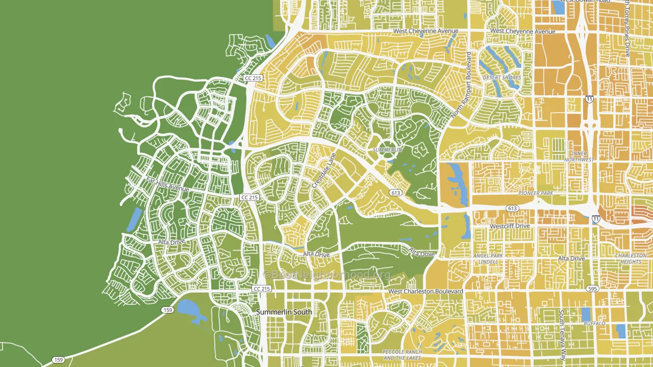 Map of the best neighborhoods in the Summerlin North, Las Vegas area, with better matches in green and worse matches in red