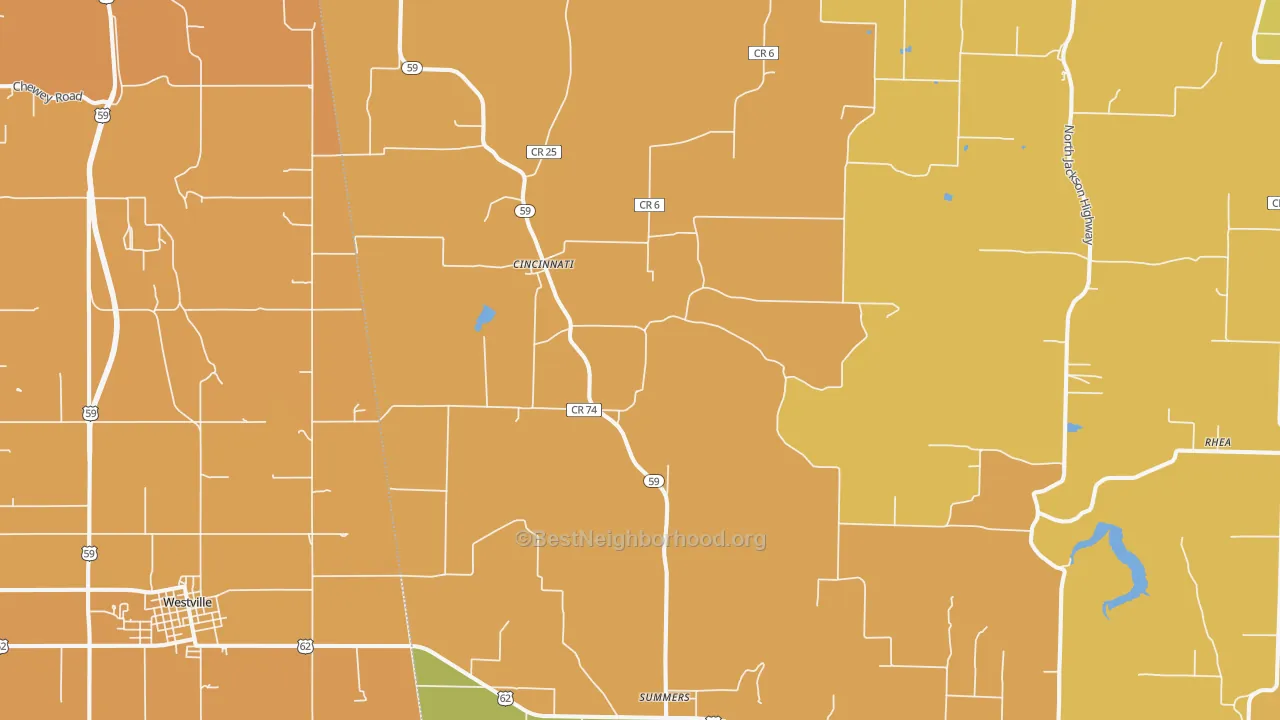 Map of the best neighborhoods in the Summers area, with better matches in green and worse matches in red