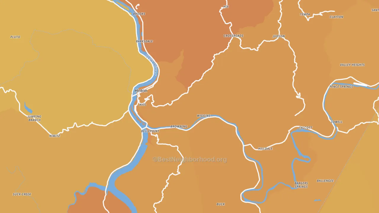 Map of the best neighborhoods in the Summers County area, with better matches in green and worse matches in red