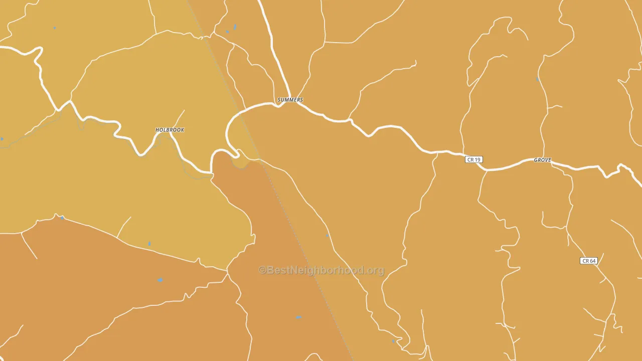 Map of the best neighborhoods in the Summers area, with better matches in green and worse matches in red