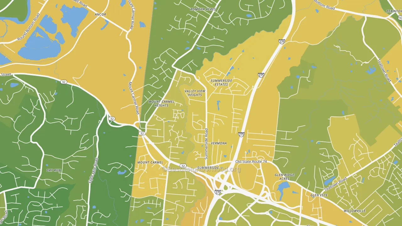 Map of the best neighborhoods in the Summerside, Cincinnati area, with better matches in green and worse matches in red