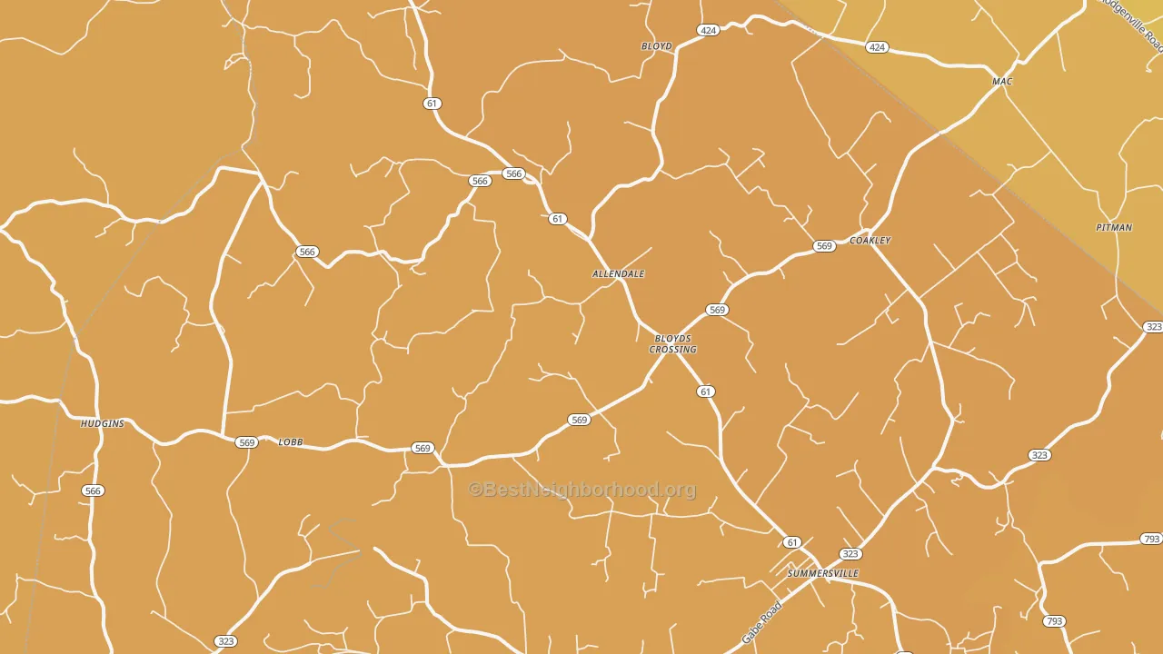 Map of the best neighborhoods in the Summersville area, with better matches in green and worse matches in red