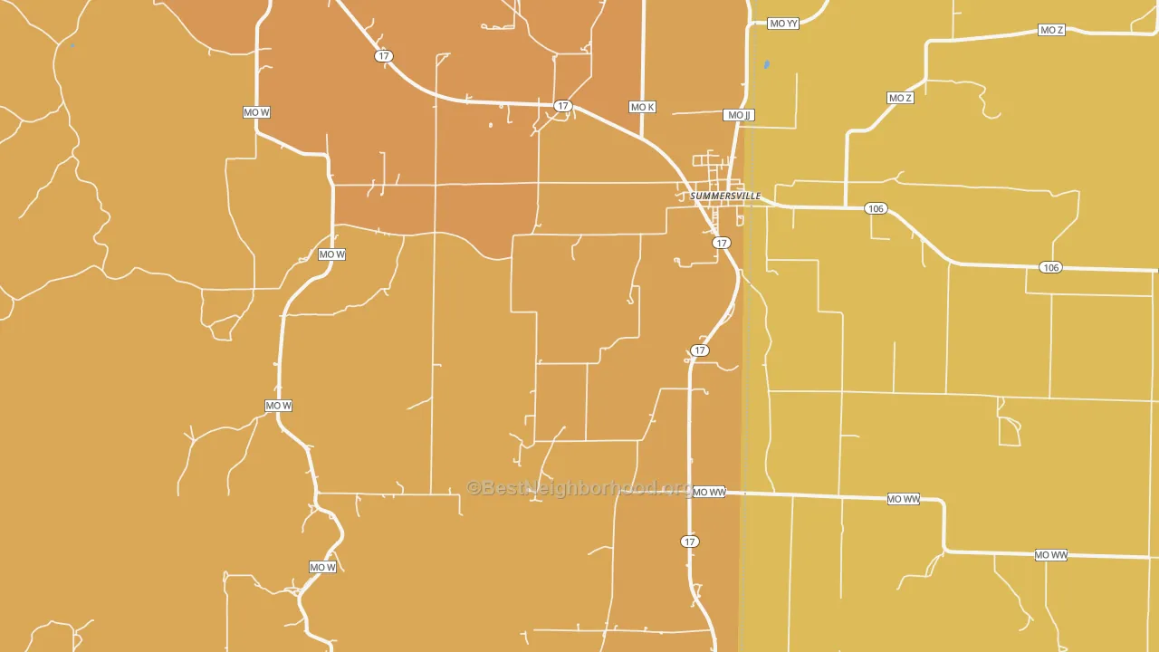 Map of the best neighborhoods in the Summersville area, with better matches in green and worse matches in red