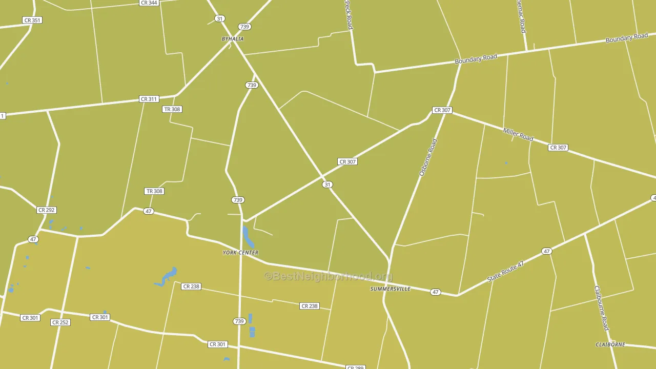Map of the best neighborhoods in the Summersville area, with better matches in green and worse matches in red
