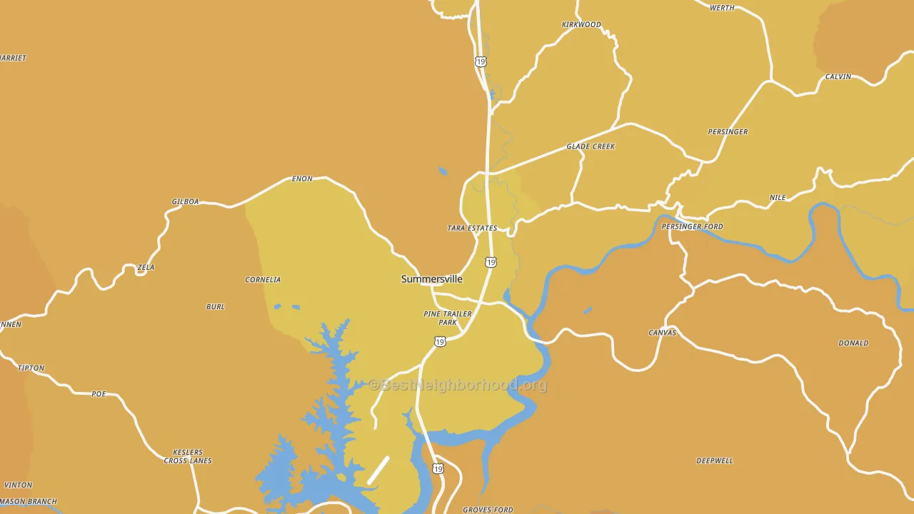 Map of the best neighborhoods in the Summersville area, with better matches in green and worse matches in red