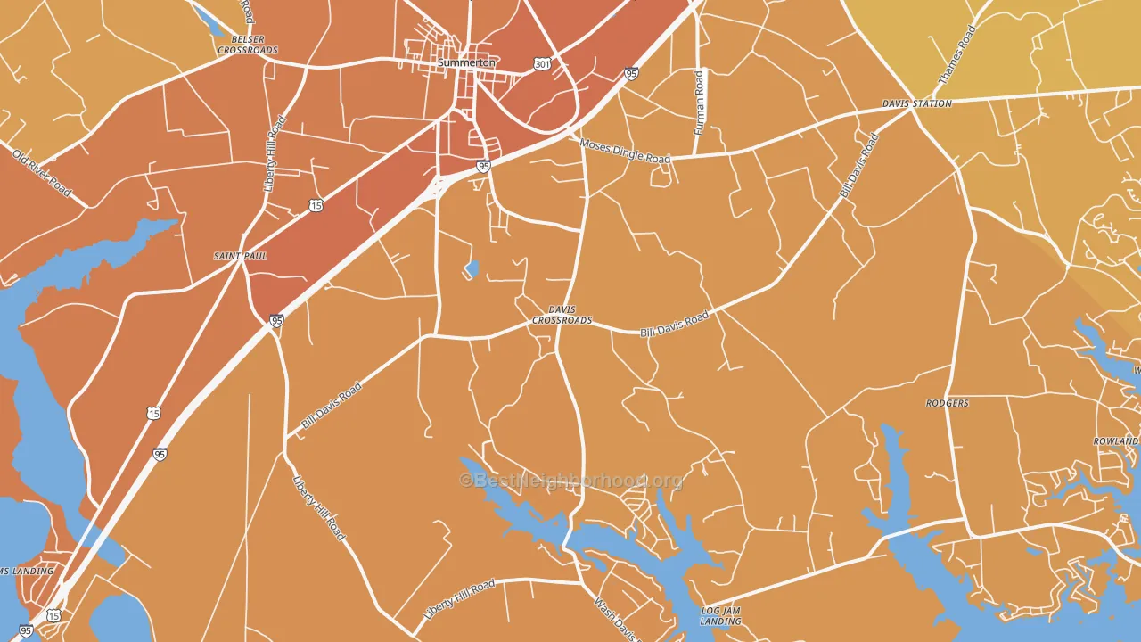 Map of the best neighborhoods in the Summerton area, with better matches in green and worse matches in red