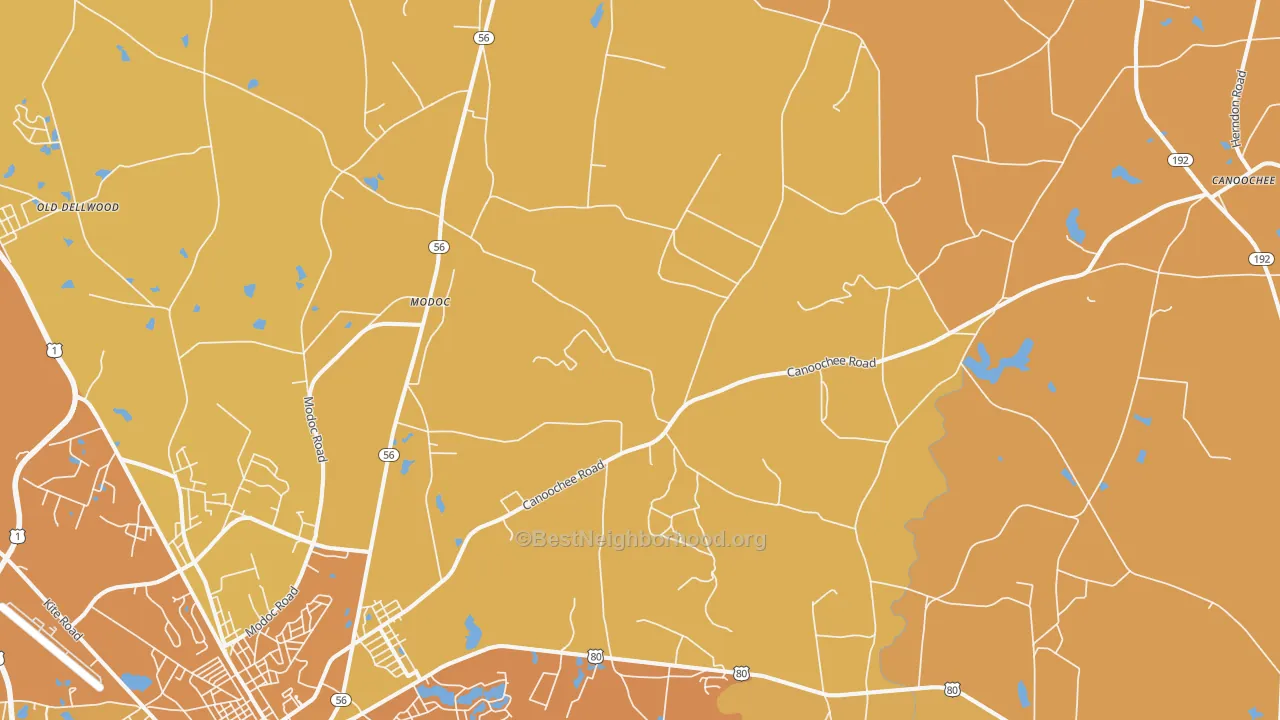 Map of the best neighborhoods in the Summertown area, with better matches in green and worse matches in red