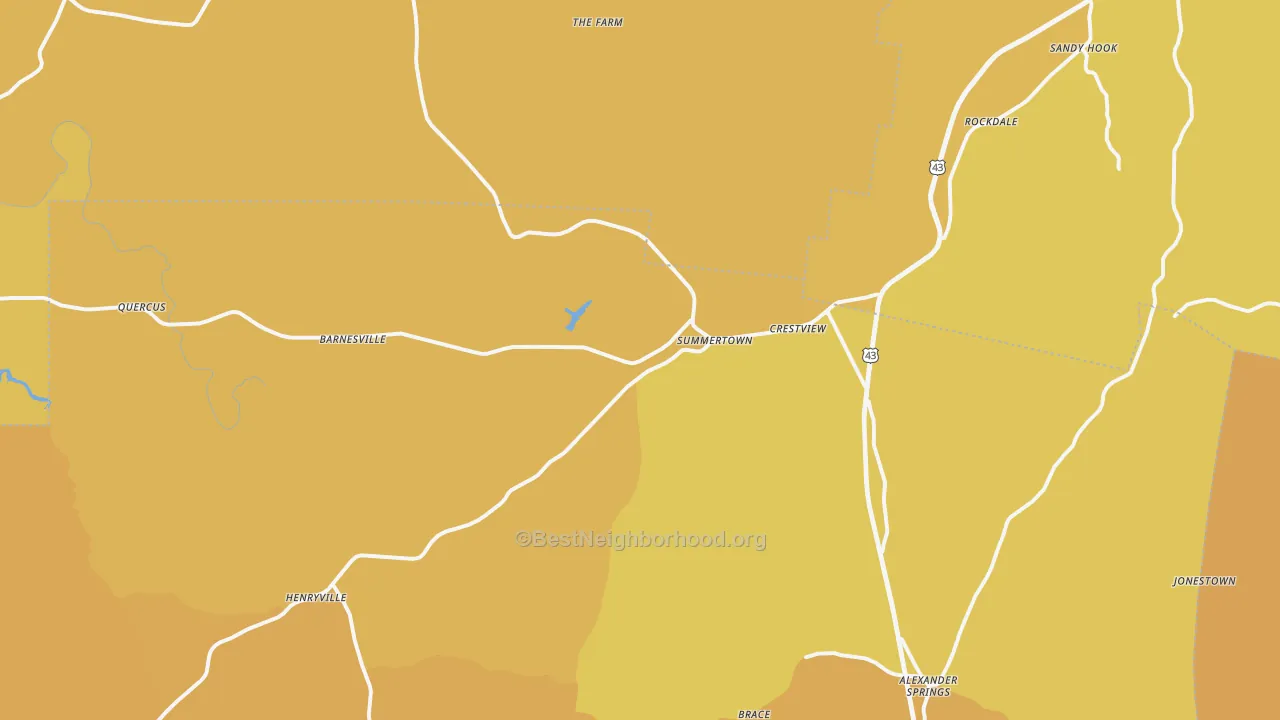 Map of the best neighborhoods in the Summertown area, with better matches in green and worse matches in red