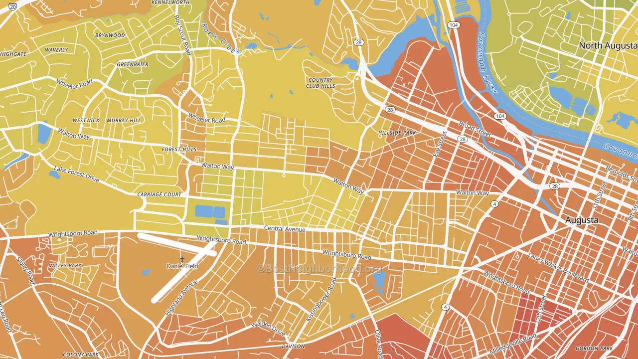 Map of the best neighborhoods in the Summerville, Augusta area, with better matches in green and worse matches in red