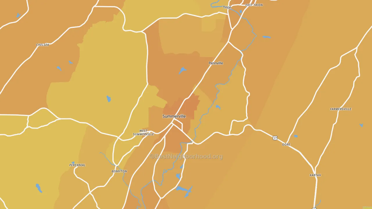 Map of the best neighborhoods in the Summerville area, with better matches in green and worse matches in red