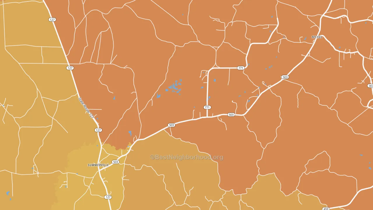 Map of the best neighborhoods in the Summerville area, with better matches in green and worse matches in red