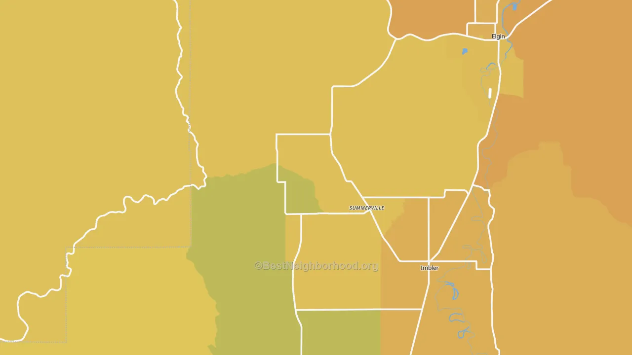 Map of the best neighborhoods in the Summerville area, with better matches in green and worse matches in red