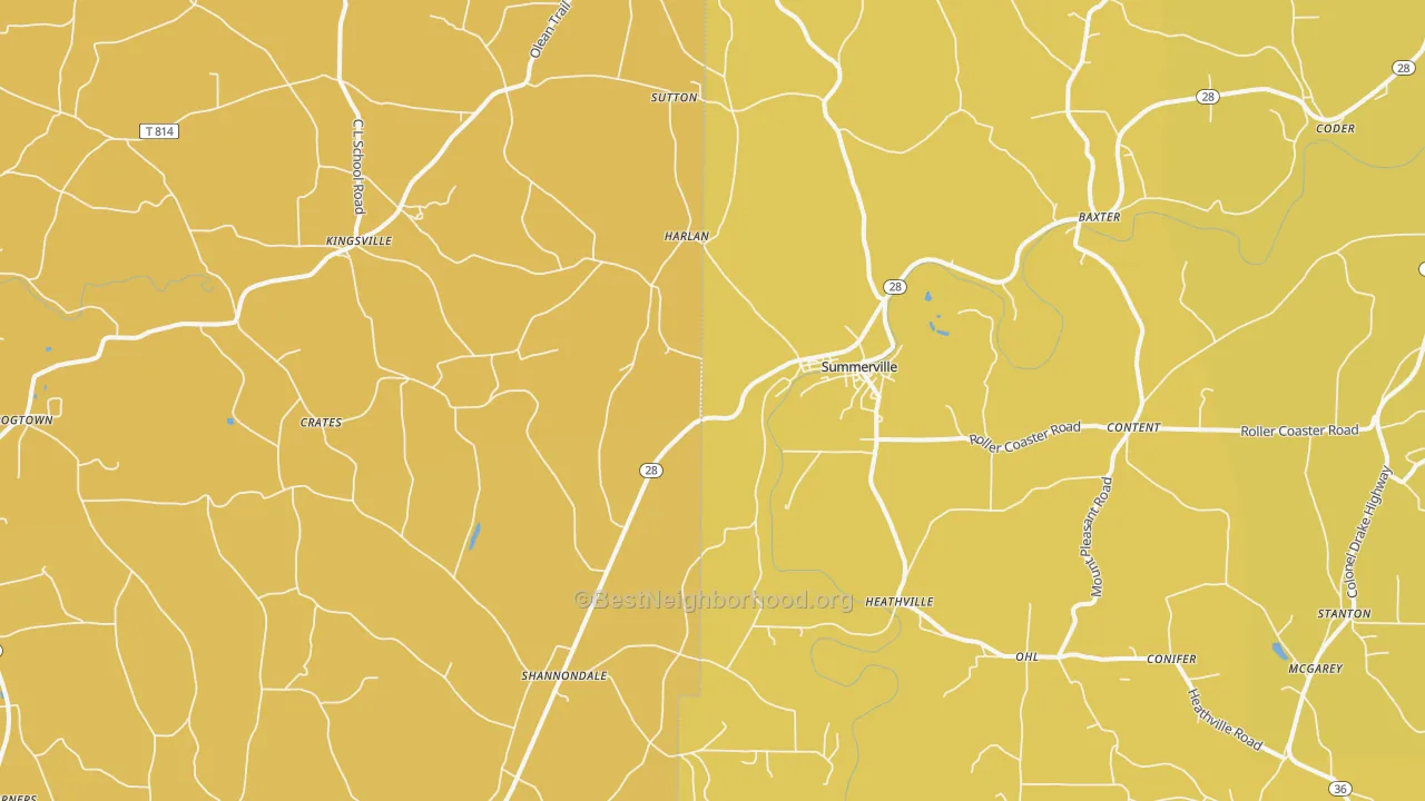Map of the best neighborhoods in the Summerville area, with better matches in green and worse matches in red