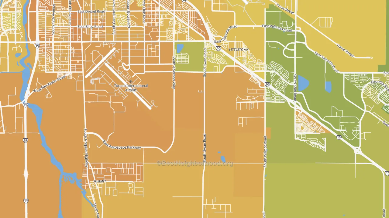 Map of the best neighborhoods in the Summit area, with better matches in green and worse matches in red
