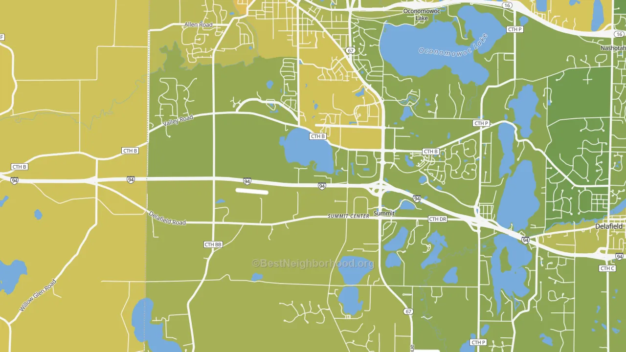 Map of the best neighborhoods in the Summit Corners area, with better matches in green and worse matches in red