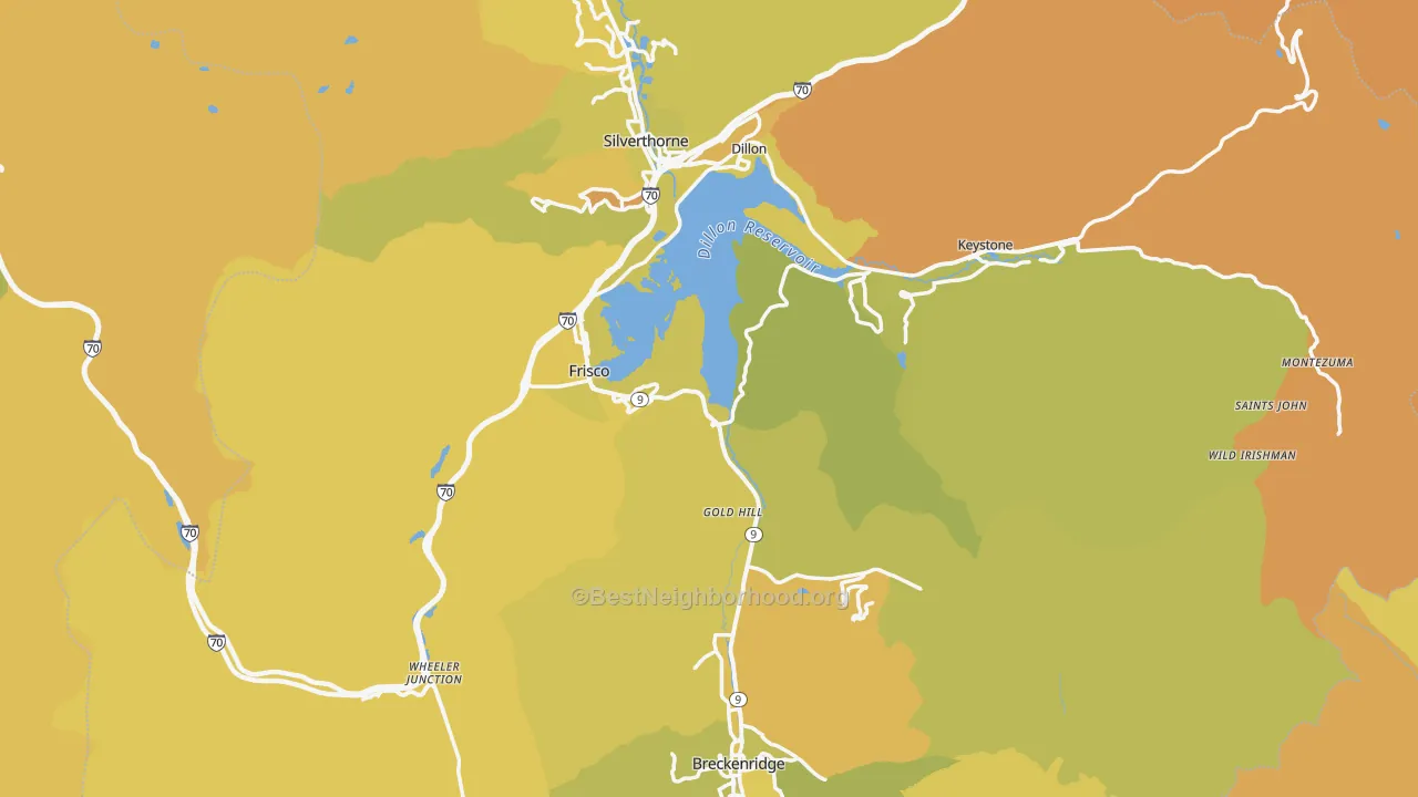 Map of the best neighborhoods in the Summit County area, with better matches in green and worse matches in red