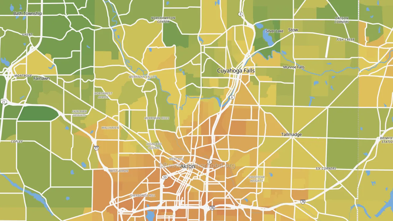 Map of the best neighborhoods in the Summit County area, with better matches in green and worse matches in red