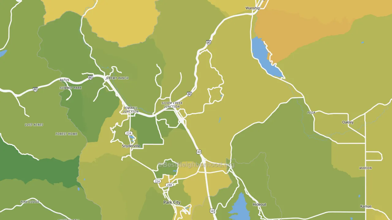 Map of the best neighborhoods in the Summit County area, with better matches in green and worse matches in red