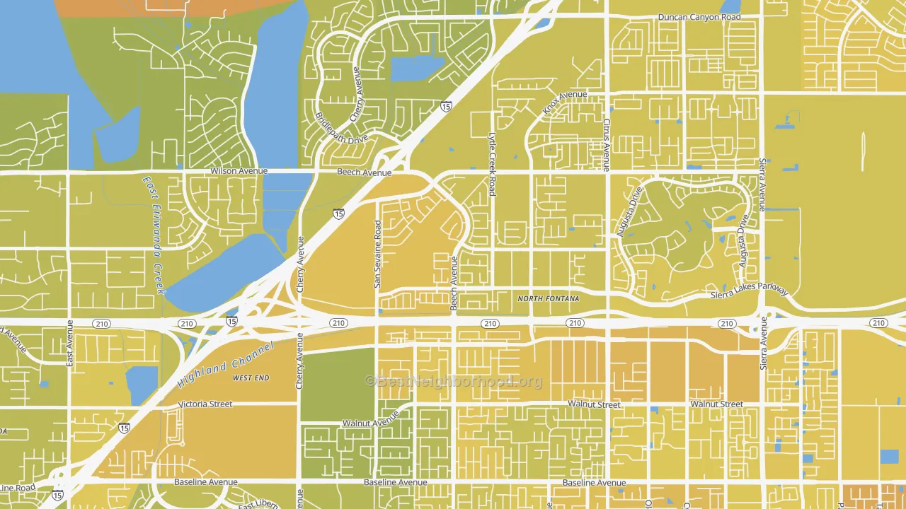 Map of the best neighborhoods in the Summit Heights, Fontana area, with better matches in green and worse matches in red