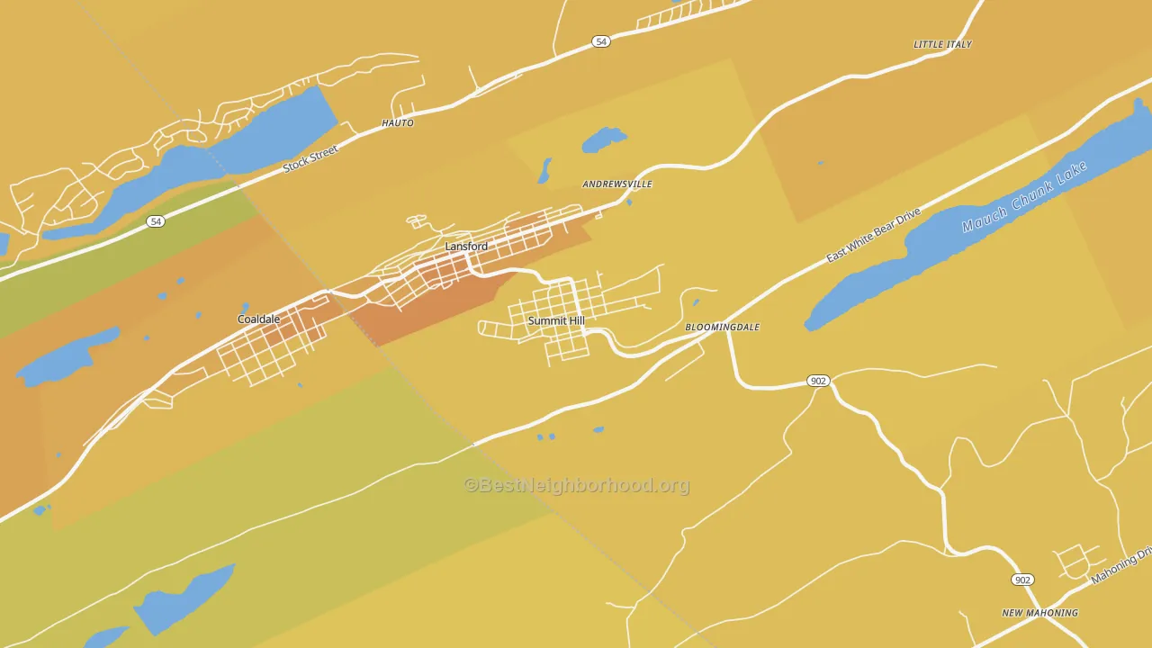 Map of the best neighborhoods in the Summit Hill area, with better matches in green and worse matches in red