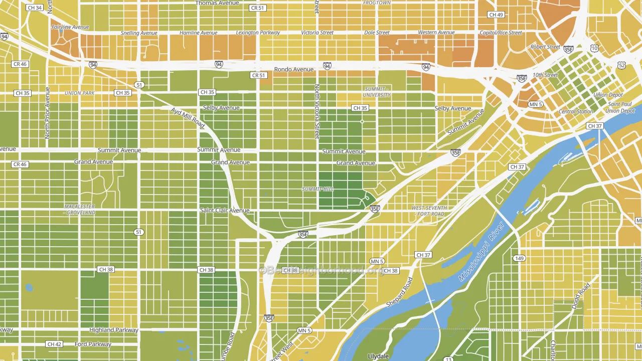 Map of the best neighborhoods in the Summit Hill, St. Paul area, with better matches in green and worse matches in red