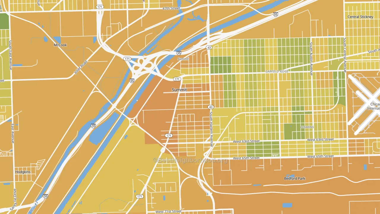 Map of the best neighborhoods in the Summit area, with better matches in green and worse matches in red