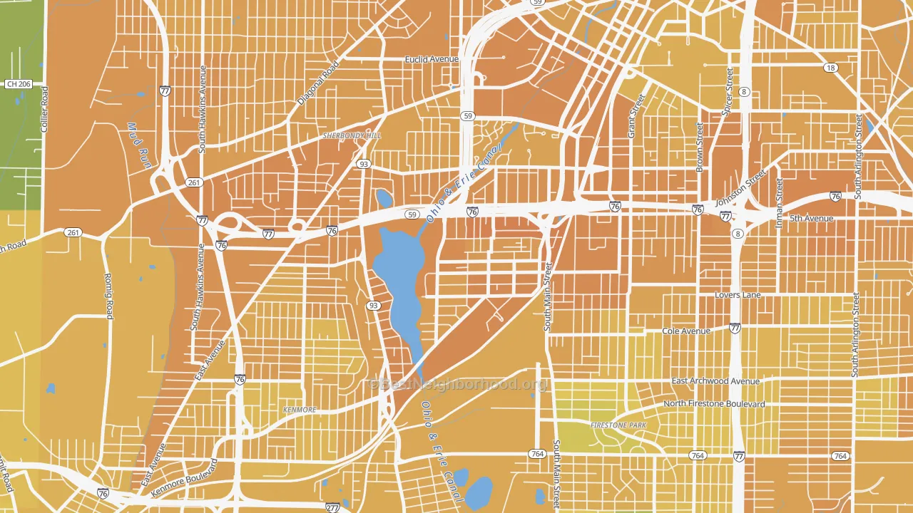 Map of the best neighborhoods in the Summit Lake, Akron area, with better matches in green and worse matches in red