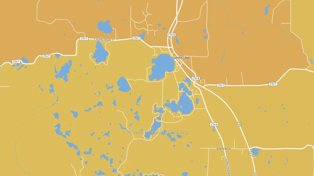 Map of the best neighborhoods in the Summit Lake area, with better matches in green and worse matches in red