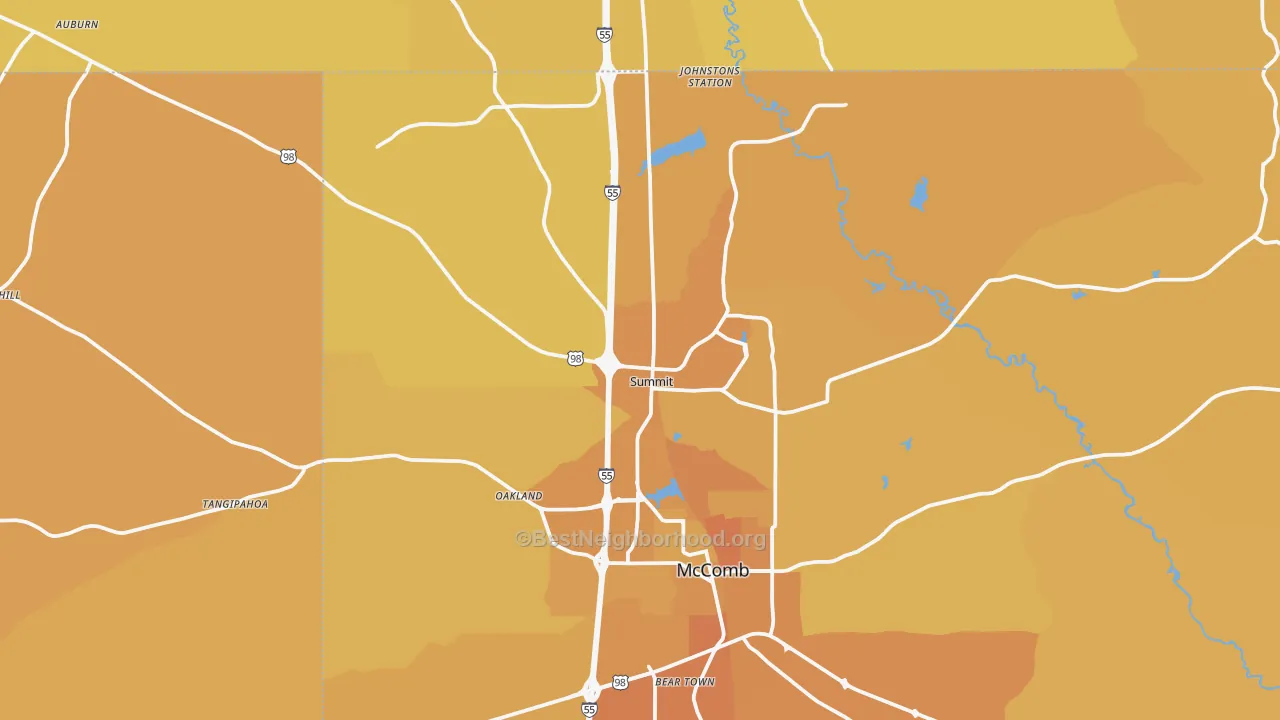 Map of the best neighborhoods in the Summit area, with better matches in green and worse matches in red