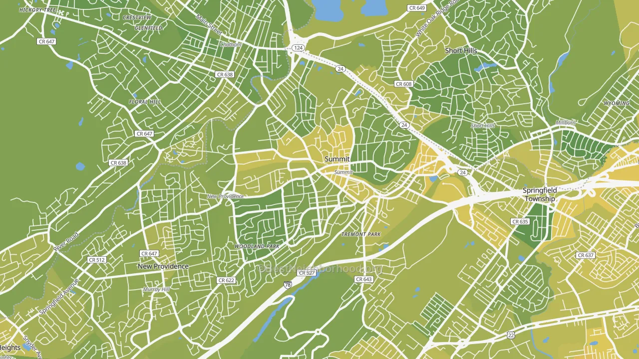 Map of the best neighborhoods in the Summit area, with better matches in green and worse matches in red