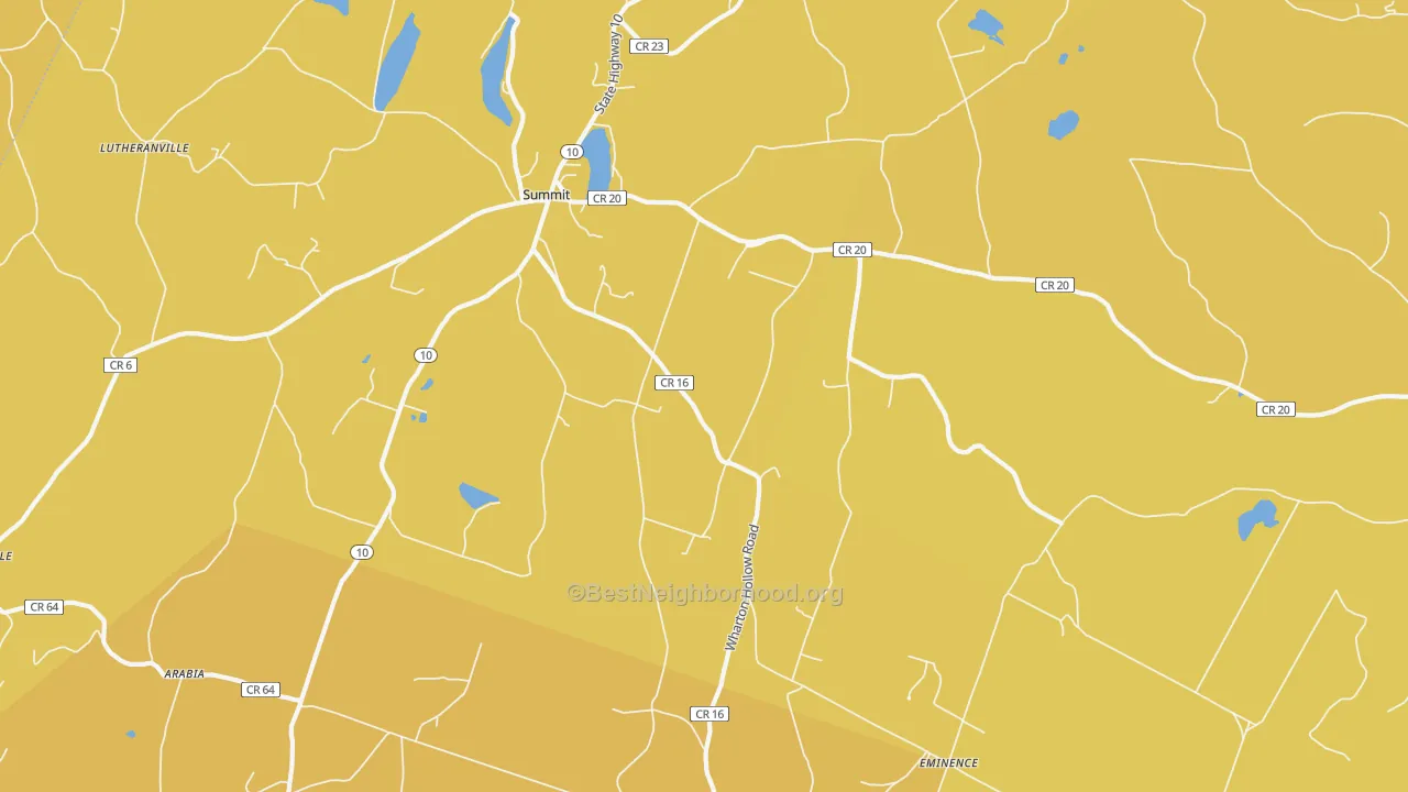 Map of the best neighborhoods in the Summit area, with better matches in green and worse matches in red